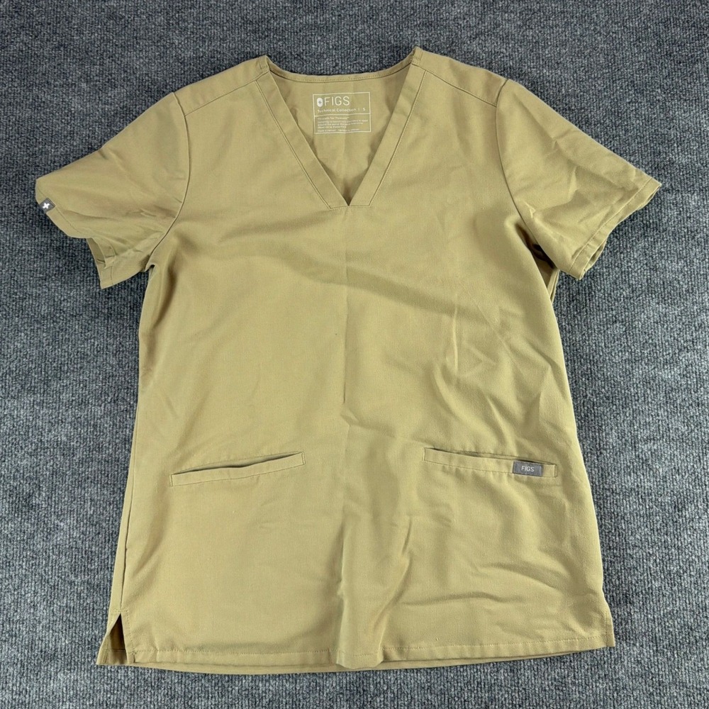 FIGS Casma Scrub Top Womens Small Tan Khaki V-Neck 3-Pocket Medical Uniform